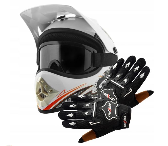 Atv dětský moto cross set: bílá helma L (57-58), rukavice a brýle