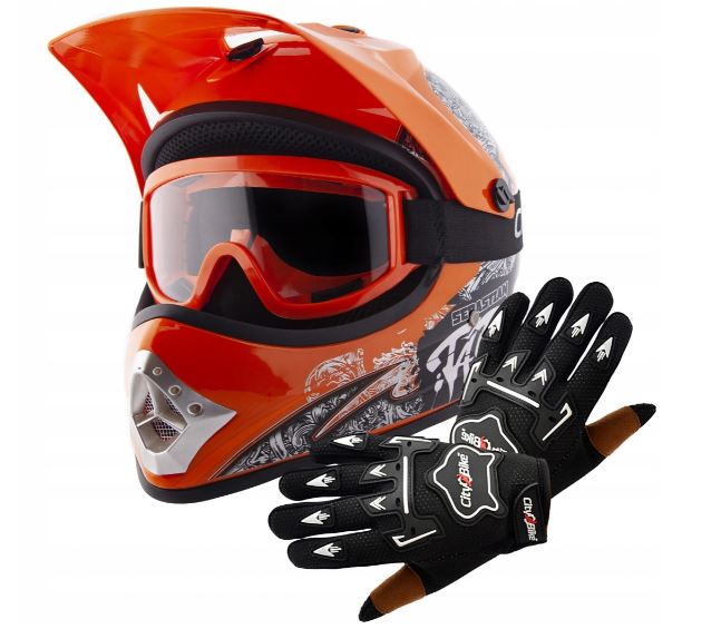 Atv dětský moto cross set: oranžová helma L (57-58), rukavice a brýle