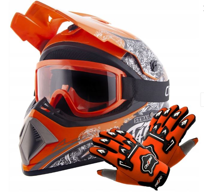 Atv akční set: Helma racing TATAN oranžová S (55-56) + rukavice a brýle