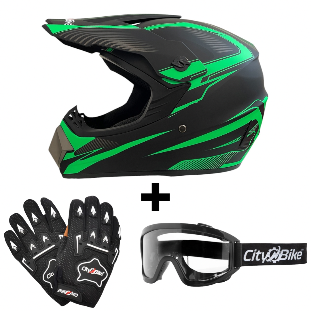Akční SET helma racing TRACK černozelená S (55-56 cm) + rukavice a brýle