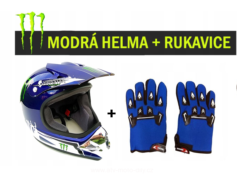 Atv moto set: Modrá Monster style helma(57-58) + protiskluzové moto rukavice