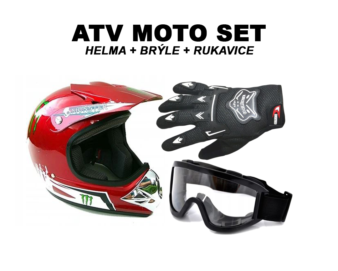 ATV moto set červená Helma Monster style (58-59)+ moto rukavice a brýle 