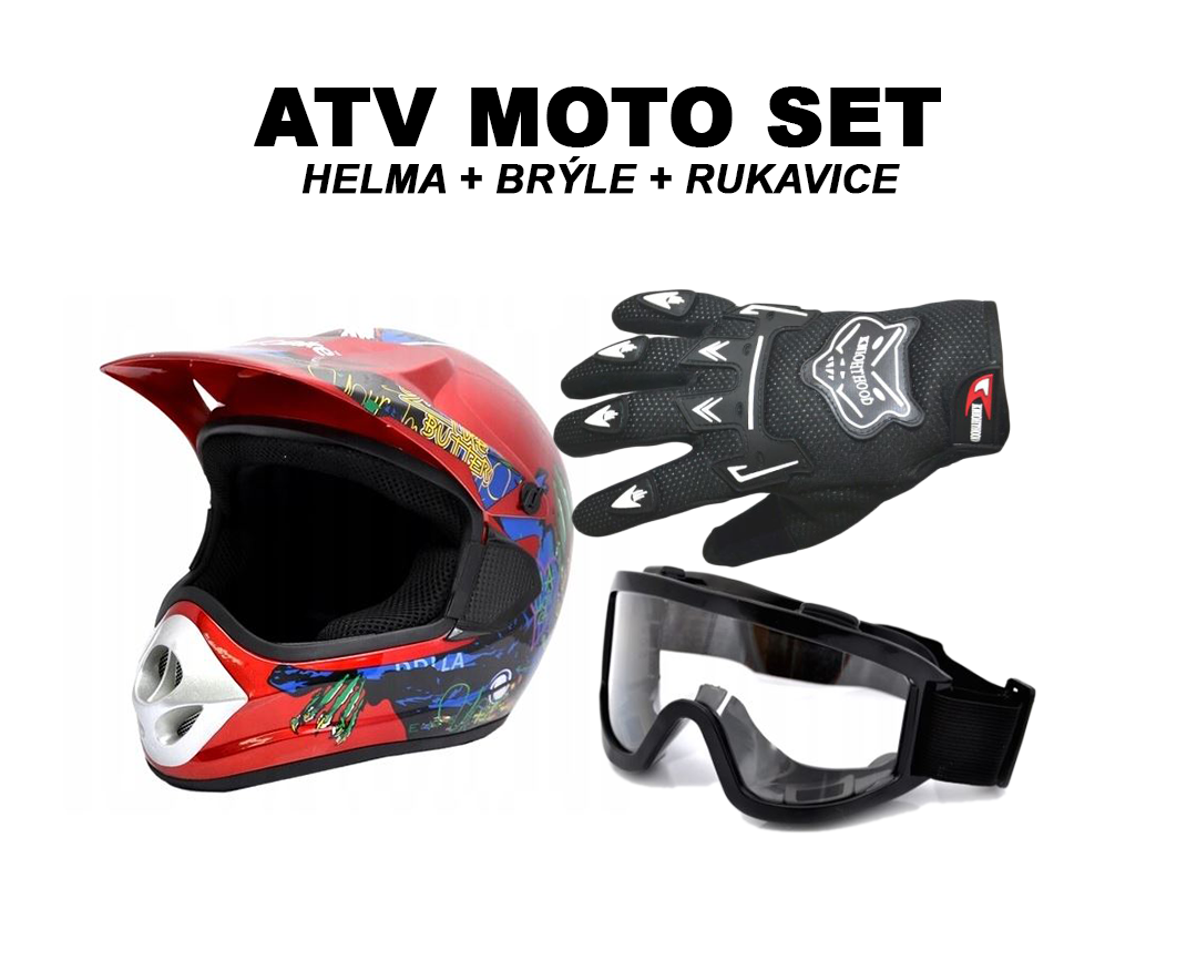 Atv moto set - dětská helma MonsterX - červená S (55-56 cm) + brýle a rukavice