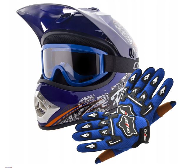 Atv dětský moto cross set: modrá helma S (53-54), rukavice a brýle