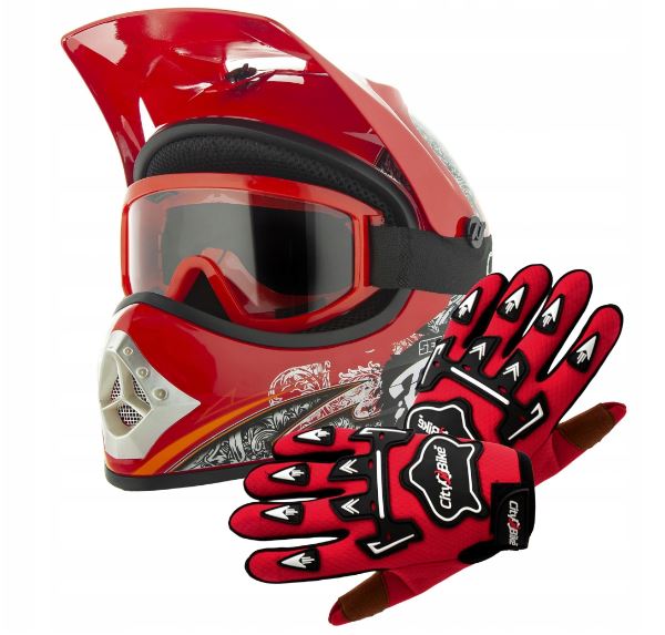 Atv dětský moto cross set: červená helma XS (51-52), rukavice a brýle