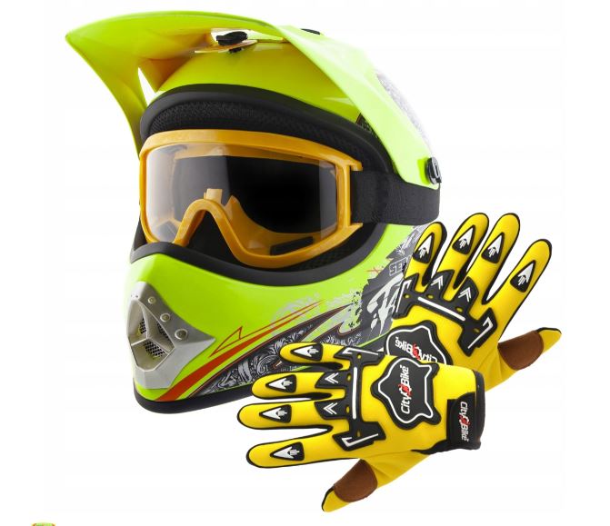 Atv dětský moto cross set: žlutá helma XS (51-52), rukavice a brýle
