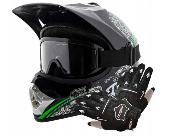 Atv dětský moto cross set: černozelená helma M (55-56), rukavice a brýle