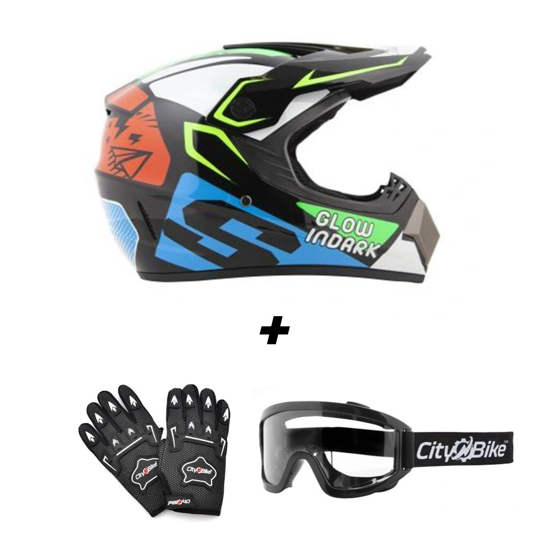 ATV moto set: Helma Glow in dark S (55-56 cm) + rukavice a brýle