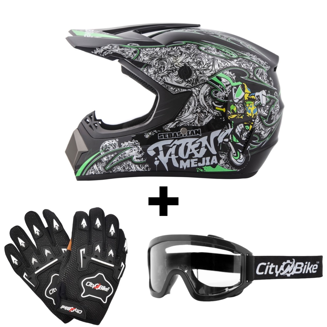 Atv akční set: Helma racing TATAN černo-zelená L (59-60 cm) + rukavice a brýle