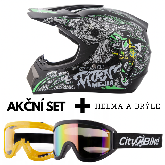 Výhodný SET: černo-zelená  helma a ochranné brýle 