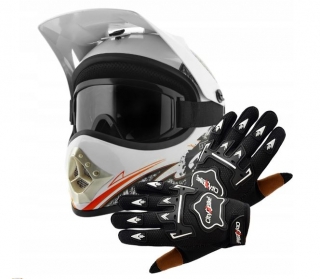Atv dětský moto cross set: bílá helma L (57-58), rukavice a brýle