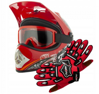 Atv dětský moto cross set: červená helma XL, rukavice a brýle