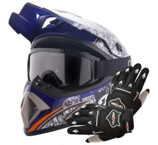 Atv akční set: Helma racing TATAN modrá L (59-60 cm) + rukavice a brýle