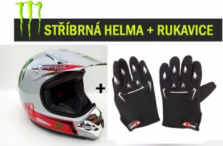  Atv moto set: Helma Stříbrná Monster style (58-59)+ rukavice