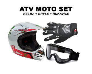 Atv moto set: Stříbrná Monster style helma(58-59) + rukavice a brýle 