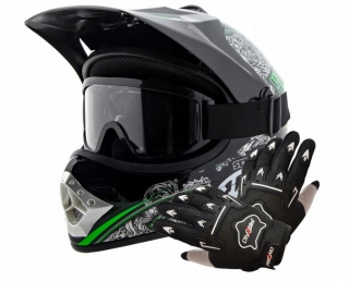 Atv dětský moto cross set: černozelená helma XS (51-52), rukavice a brýle