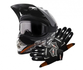 Atv dětský moto cross set: černá helma M (55-56), rukavice a brýle