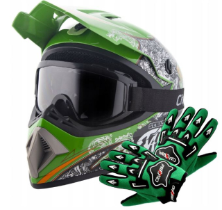 Atv akční set: Helma racing TATAN zelená S (55-56 cm) + rukavice a brýle